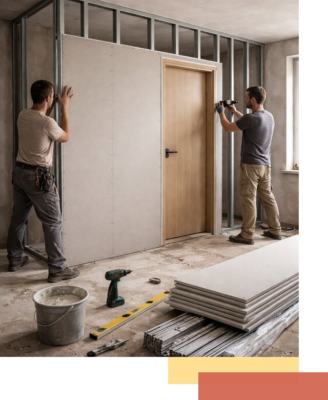 Перегородка из гипсокартона с дверью под ключ в Лабинске