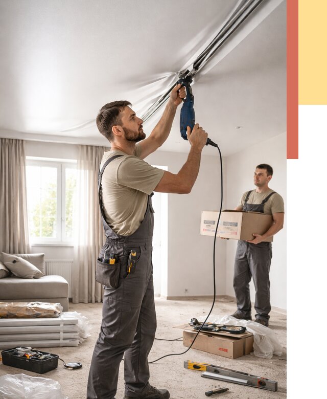 Монтаж сатинового натяжного потолка в Лабинске от 3753 руб. | Быстро, недорого — ОТДЕЛОЧНИК-Лбк