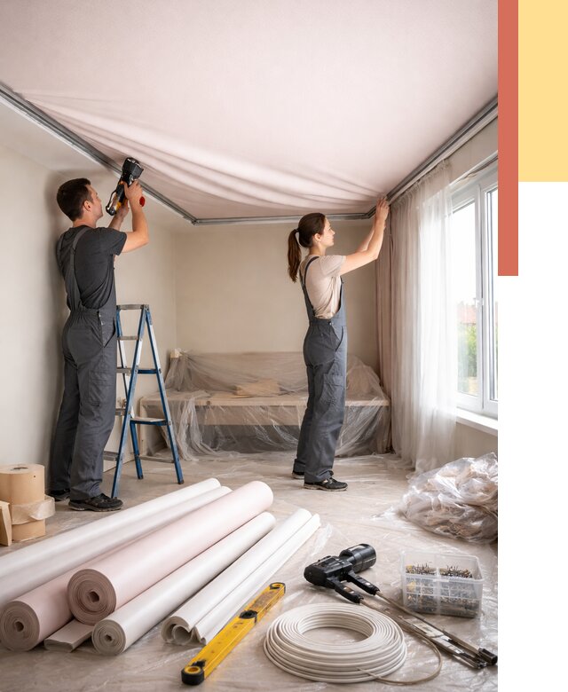 Монтаж цветного натяжного потолка в Лабинске от 4504 руб/м² — быстро и недорого | ОТДЕЛОЧНИК-Лбк