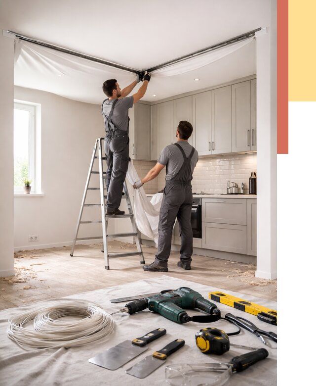 Установка натяжного потолка на кухне в Лабинске от 2574 руб. | ОТДЕЛОЧНИК-Лбк