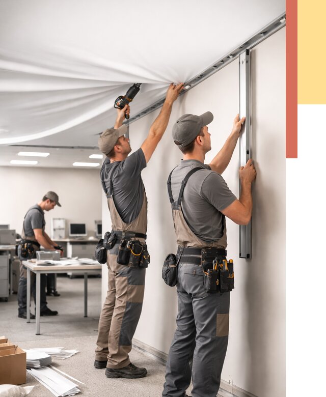 Монтаж натяжного потолка в офисе в Лабинске от 483 руб/м² — быстро и недорого | ОТДЕЛОЧНИК-Лбк