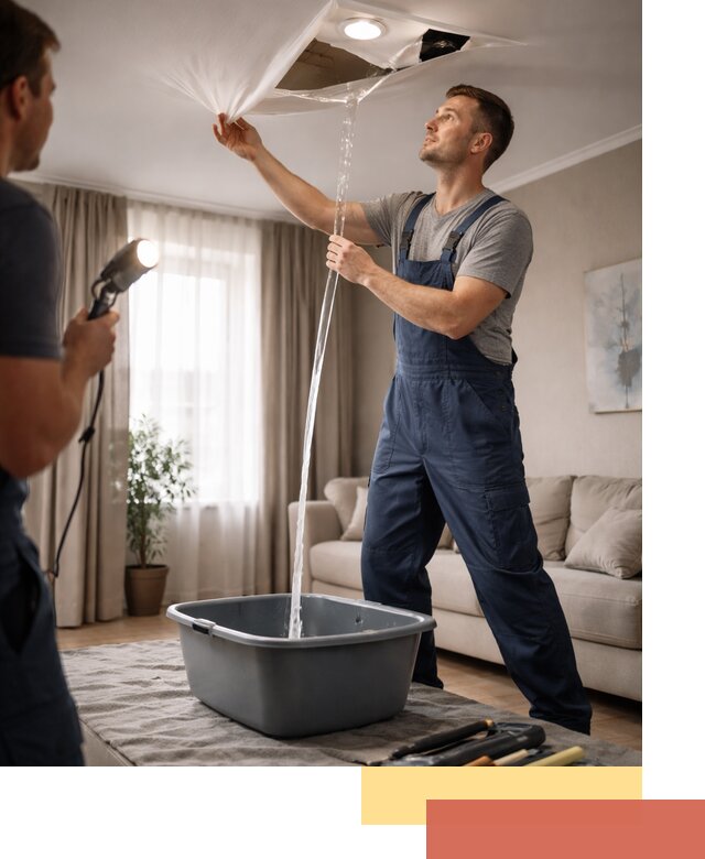 Слив воды с натяжного потолка в Лабинске быстро и аккуратно